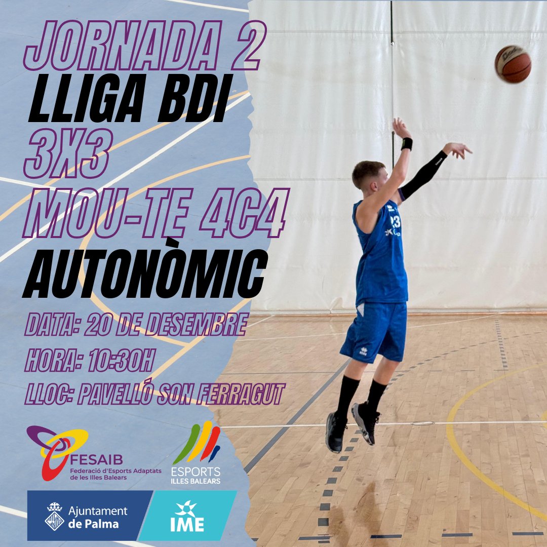 🏀LLIGA AUTONÒMICA BÀSQUET DI 3x3 i MOU-TE 4C4🏀
Demà matí es disputarà la 2ª Jornada de la Lliga Autonòmica de Bàsquet DI 3x3 i MOU-TE 4c4 de la Temporada 25-26!