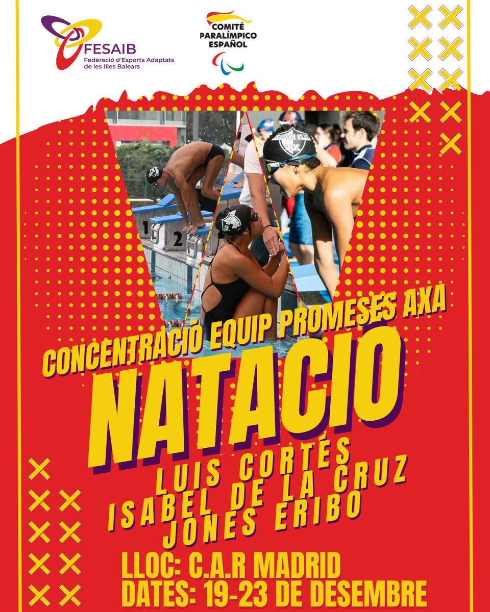 🏊CONCENTRACIONS NATACIÓ🏊
Concentració Selecció Espanyola <a href="/FEDEDDF/">FEDDF</a>  de Joves, on participaran, Alexis Obrador, Aina Torrens i Pol Mateu.
Concentració Equip Promeses AXA del <a href="/Paralimpicos/">Comité Paralímpico Español</a> , on participaran, Luis Cortés, Isabel De La Cruz i Jones Eribo.
Tots del <a href="/IllesBalearsXT/">Illes Balears XT</a>