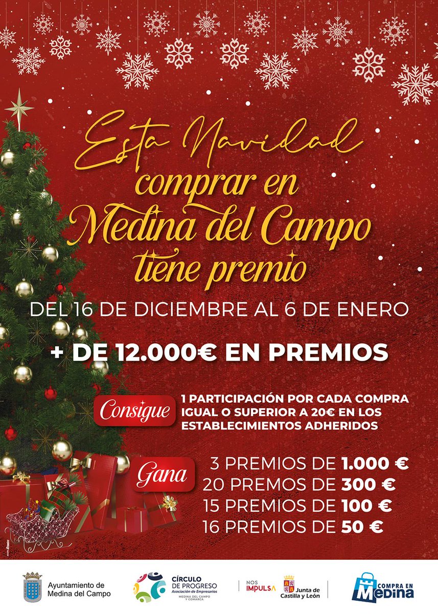 ✨🎄 Esta Navidad comprar en Medina del Campo tiene premio🎁

Participa con compras iguales o superiores a 20€🛍️, hasta el 6 de enero, en los establecimientos adheridos.

Podrás ganar con tus compras, más de 12.000€ en premios 🎉
#compraenmedina #medinadelcampo #navidad