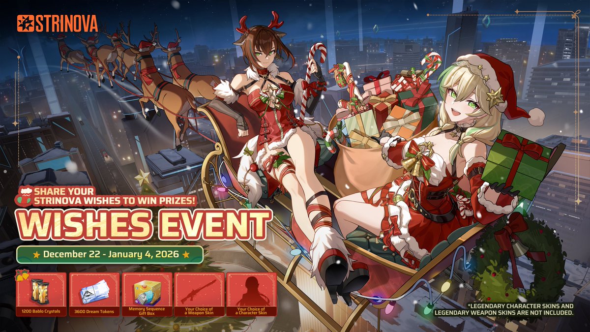 Strinova_EN's tweet image. Kick off the Christmas &amp;amp; New Year with #Strinova &amp;amp; Win!

Share your Strinova wishes for a chance to win amazing prizes!

How to participate:
RT this post
Reply with your Strinova-related Christmas or New Year wishes!

5 Winners can pick one of the prizes from below:
・1200 Bablo…