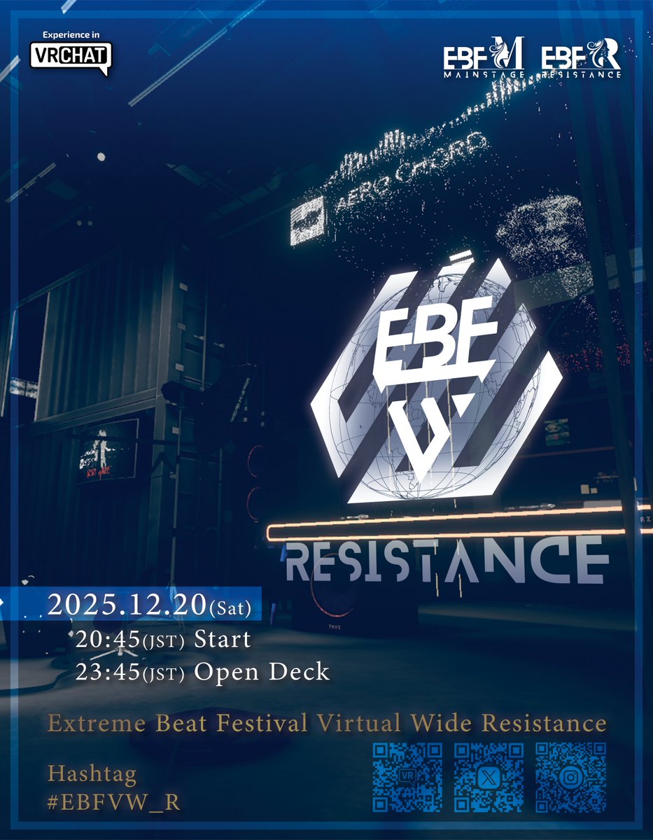 Extreme Beat Festival  Virtual Wide - Resistance -

「Welcome to the underground.」

OpeningDJ    20:45～　Kammi
1stDJ       21:30～　S.S.Stripe <a href="/S_S_Stripe/">S.S.Stripe</a>
2ndDJ      22;15～　Teach <a href="/teach_208vr/">てぃーち</a>
3rdDJ       23:00～　Marikky <a href="/Marikky0423/">★☆Marikky☆★</a>
4thDJ       23:45～    Open Deck

#EBFVW_R