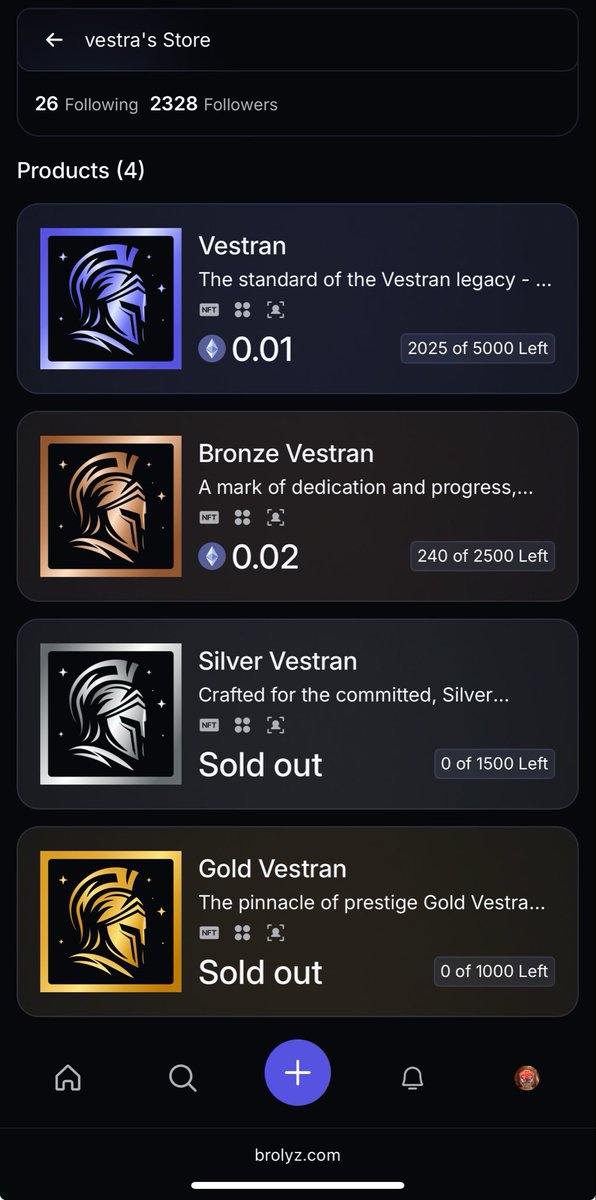 Toplamda 375 ETH değerindeki 10.000 adetlik Vestran NFT koleksiyonunda Gold ve Silver NFT’ler Sold Out oldu.

Bugün Bronze ve Mavi’lerde Sold Out olacak. 

Koleksiyonun toplam değeri ve Market Cap’i 1.1 milyon dolar değerinde tamamen alıcıları ile buluşmuş oluyor.

NFT’lerin hype