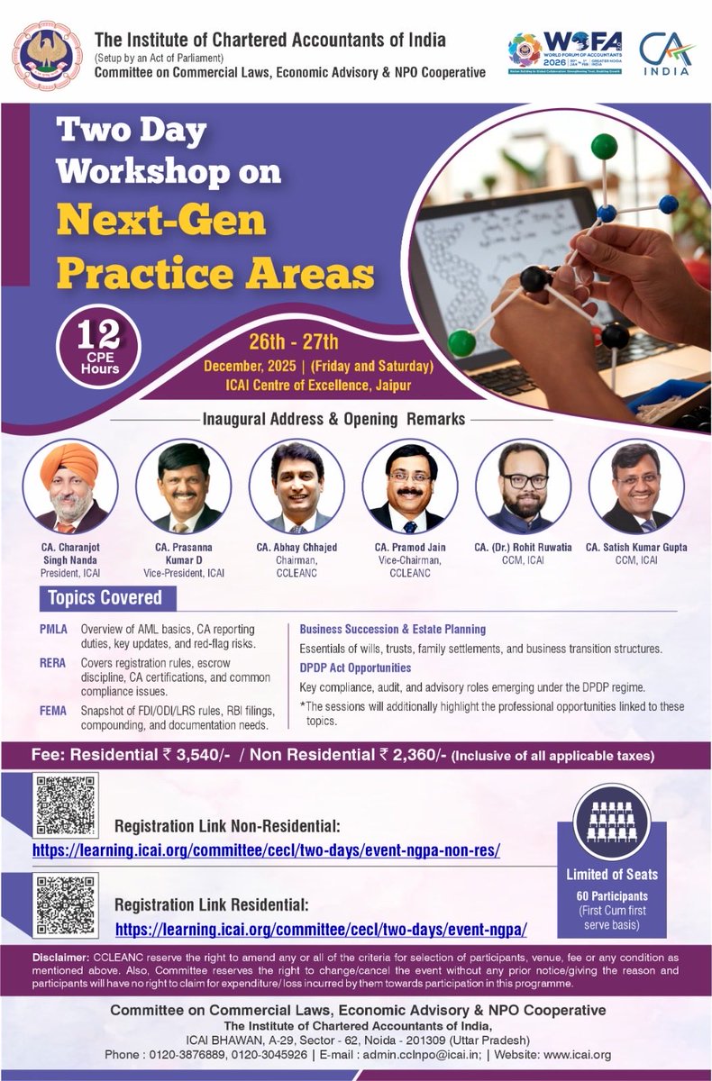 Two Days CPE Workshop on Next-Gen Practice Areas on 26th &amp; 27th December, 2025 Organized By: Committee on Commercial Laws, Economic Advisory &amp; NPO Cooperative of ICAI at COE Jaipur.

Non-Residential: learning.icai.org/committee/cecl…

 Residential: learning.icai.org/committee/cecl…