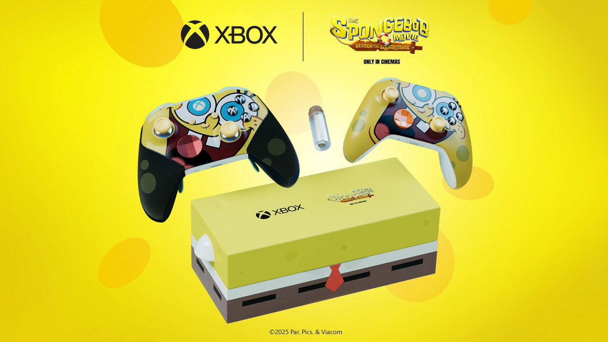 xboxuk's tweet image. AND NOW, a message from The Krusty Krab🍍🍔

To celebrate the release day of @SpongebobMovie, we're giving away a Limited Edition SpongeBob SquarePants Controller bundle 🎮

For your chance to win, follow @XboxUK and tag a friend in the comments