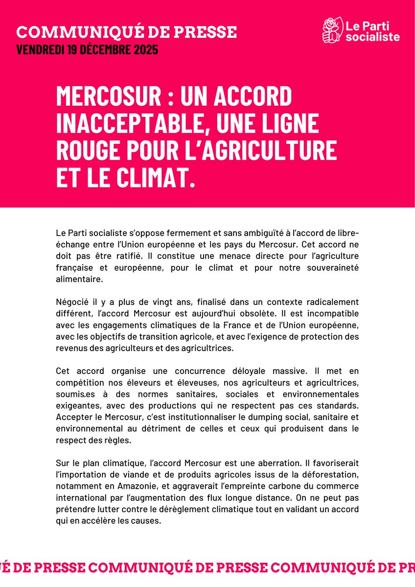 partisocialiste's tweet image. 📝Communiqué : Mercosur : un accord inacceptable, une ligne rouge pour l’agriculture et le climat.

➡️parti-socialiste.fr/mercosur_un_ac…