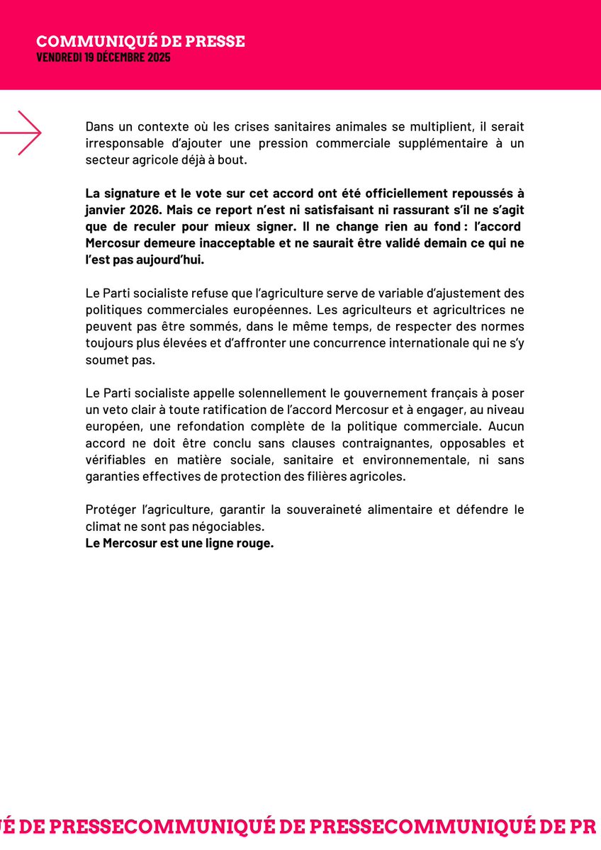 partisocialiste's tweet image. 📝Communiqué : Mercosur : un accord inacceptable, une ligne rouge pour l’agriculture et le climat.

➡️parti-socialiste.fr/mercosur_un_ac…