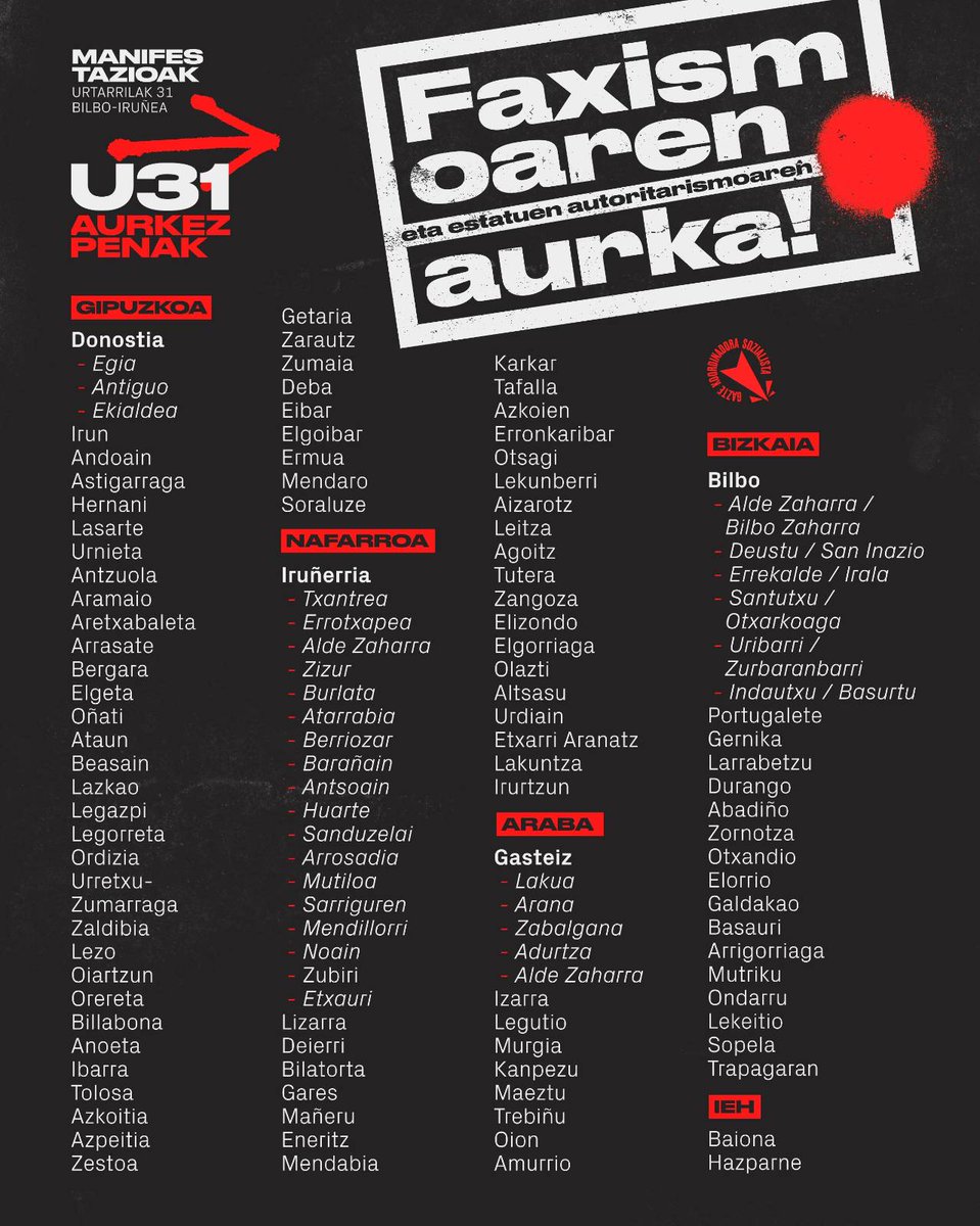 GKSozialista's tweet image. Aurkezpenak egingo ditugu urtarrilaren 31rako antolatutako manifestazioen berri emateko.

Datozen asteetan Euskal Herriko auzo eta herri ugaritan zabalduko dugu faxismoaren eta estatuen autoritarismoaren aurkako mezua. 

Bertaratu aurkezpenetara, #U31Mobilizatu !
