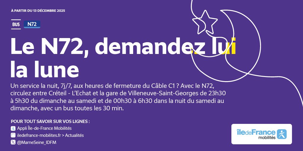 MarneSeine_IDFM's tweet photo. Eh non !❌
Pour le #NouvelAn pas de Câble #C1 pour rejoindre votre raclette party après 23h30
Par contre votre Noctilien préféré #N72 prend le relais pour vous emmener toujours plus loin sur les pistes (de danse)🥳 https://t.co/JWanNmNfv0