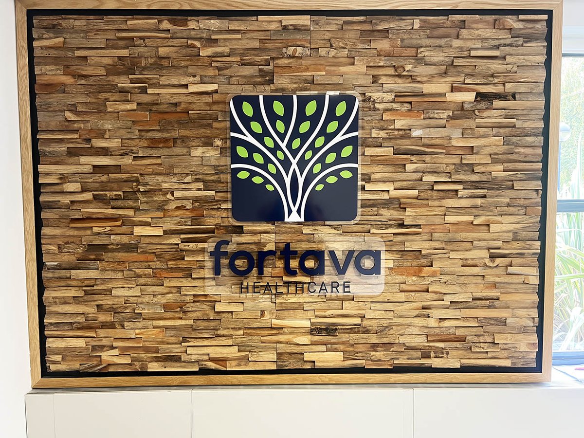 SXPeterborough's tweet image. Distressed wall feature with wooden bricks, we fitted an acrylic sign to the even surface with a clear base to support the graphics and ensure a clear visibility from the wall, resulting in a very smart finish for this office wall branding, @ Fortava Healthcare 
#signagesolutions
