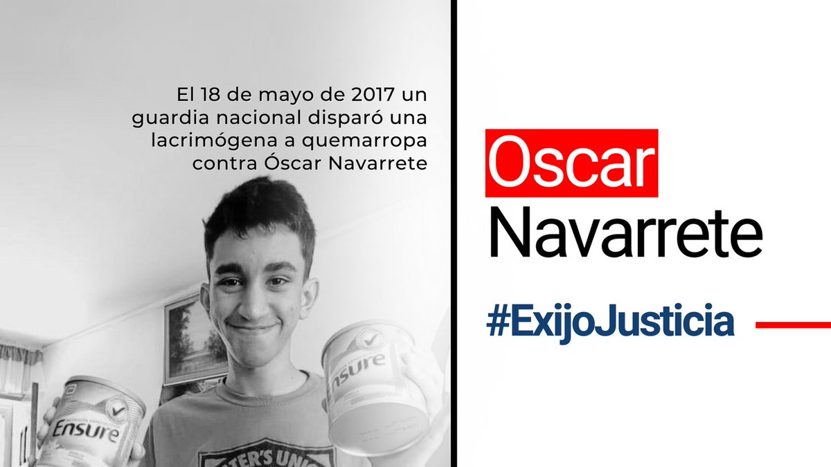 NO OLVIDAR que en el 2017 Oscar Navarrete fue impactado por una bomba lacrimogena disparada directo a su pecho por la GNB en una manifestacion, logro sobrevivir pero quedó incapacitado y sin apoyo para su recuperación. NO hay Justicia ni reparación para los jóvenes en Venezuela.