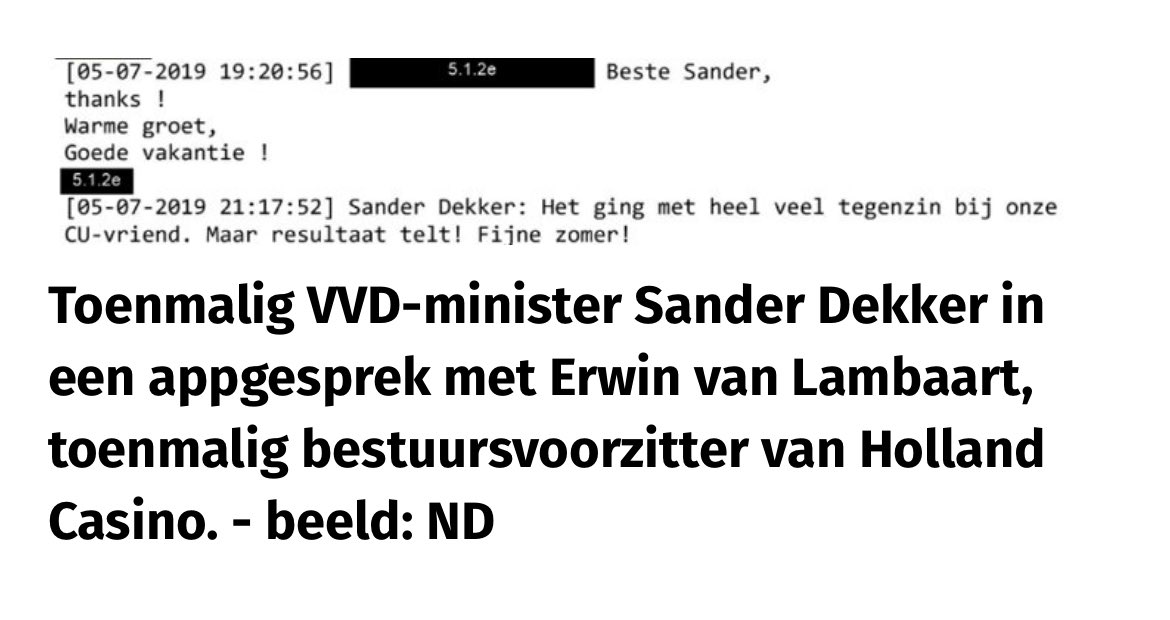 Wat een giftige cocktail! De goklobby van <a href="/hollandcasino/">Holland Casino</a> zit vriendelijk te appen met de minister van de <a href="/VVD/">VVD</a>. Beleidsvorming zonder integriteit. Duizenden slachtoffers, in de #schulden en groei van #verslavingen. 

Hulde <a href="/ndnl/">Nederlands Dagblad</a> voor dit onthutsende beeld: nd.nl/lees/1297056