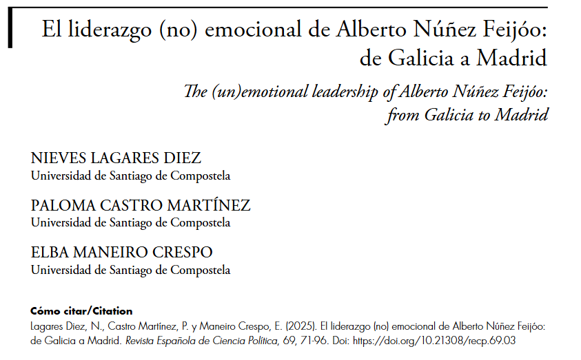 El liderazgo (no) emocional de Alberto Núñez Feijóo: de Galicia a Madrid, un artículo de Nieves Lagares Diez, Paloma Castro Martínez y Elba Maneiro Crespo, publicado en el último número de la RECP.

➡️ shorturl.at/M33Br