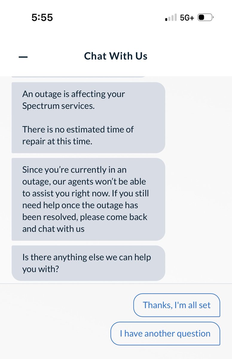 patricaldera's tweet photo. @Ask_Spectrum I am sure you can do better than this…there is an outage, no ETA for its resolution, and no agents available…is this the best you can do? This cannot be an answer from an ISP!!! https://t.co/b8tlVTtN9r