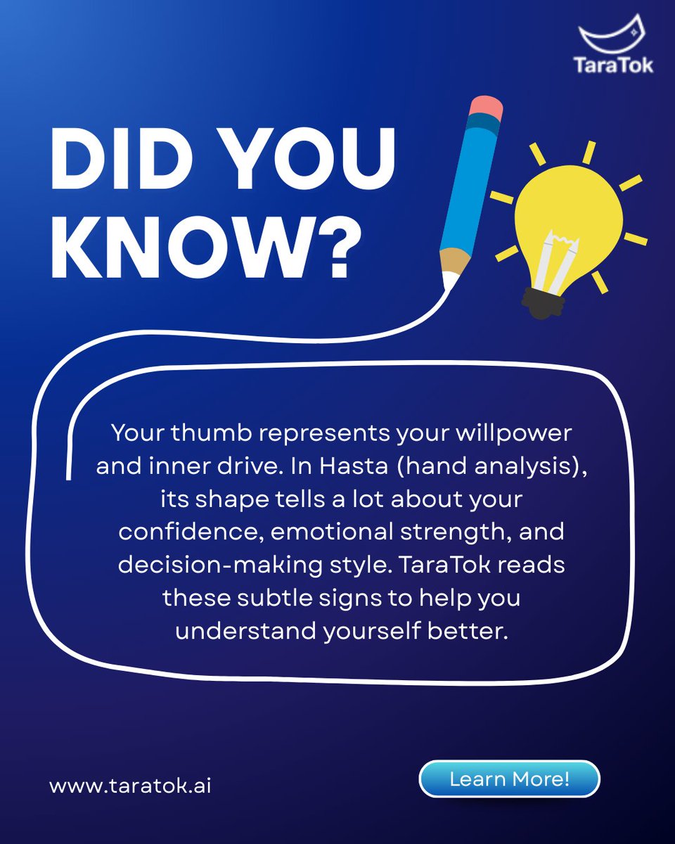 TaraTokAI's tweet image. Did you know your thumb reveals powerful insights about who you truly are? ✨
👉 Want to learn more? Explore your hand-energy and Vedic insights at taratok.ai.
.
.
.
#TaraTok #HastaReading #HandAnalysis #SpiritualWisdom