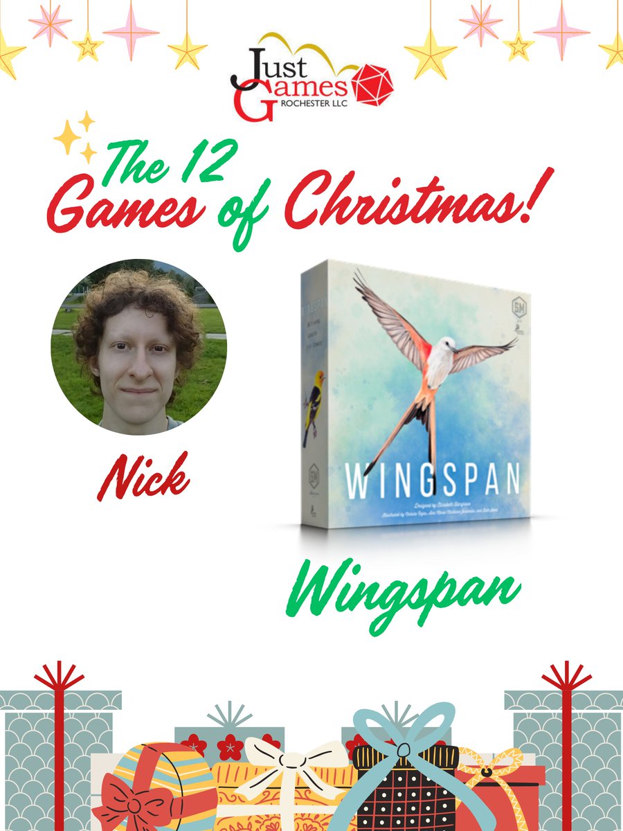 justgamesroc's tweet photo. The game that DOES have a partridge in it (but not a pear tree); Wingspan! One of our 12 Games of Christmas, this is one of Nick's favorites - stop in and check it out from our rental library, or pick up a copy to gift. 

#boardgames #wingspan https://t.co/MgI2UoYFBe