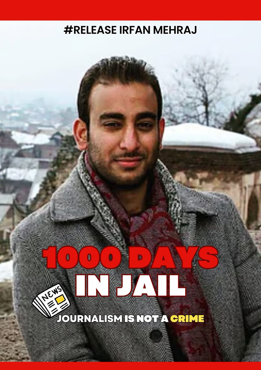pressfreedomJFK's tweet photo. Kashmiri journalist Irfan Mehraj has spent over 1,000 days in jail under UAPA. The Journalist Federation of Kashmir calls his detention unjust and demands his immediate release. @pressfreedom @PCITweets @globalfreemedia @FrontLineHRD @IFJGlobal @RSF_inter @CPJAsia @PressClubDC https://t.co/xFVExKZJxE