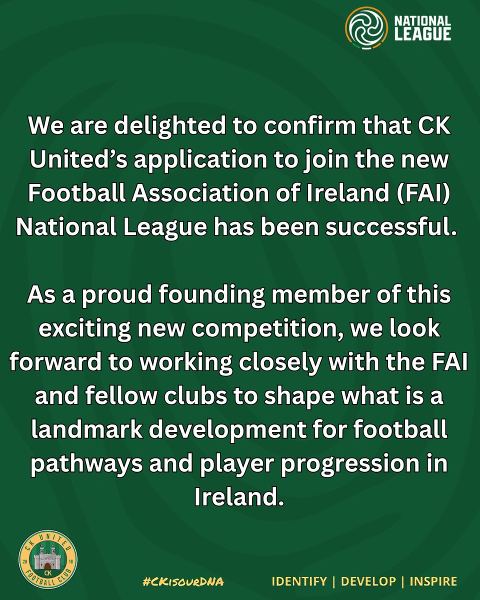 ckutdfc's tweet image. We are delighted to confirm that CK United’s application to join the new Football Association of Ireland (FAI) National League has been successful.

#leagueofireland | #CKisourDNA | #IdentifyDevelopInspire | #greatestleagueintheworld
