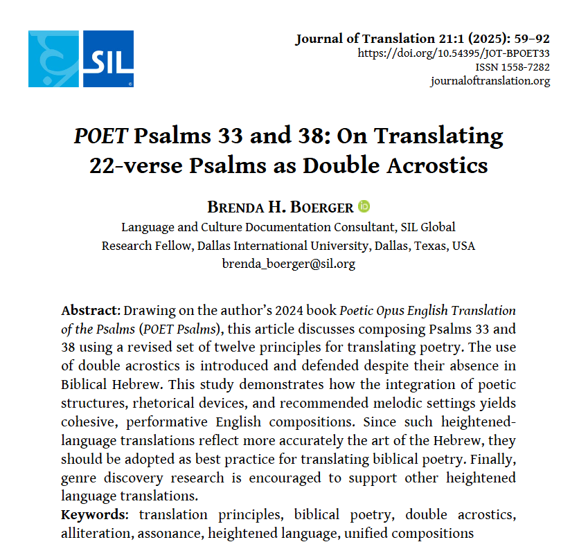 jotranslation's tweet photo. How can the artistry of Hebrew poetry be reflected in English? 

Brenda H. Boerger’s new open-access article uses double acrostics and other rhetorical devices to translate Psalms 33 and 38 into performative compositions. https://t.co/jEfNGnkuE7