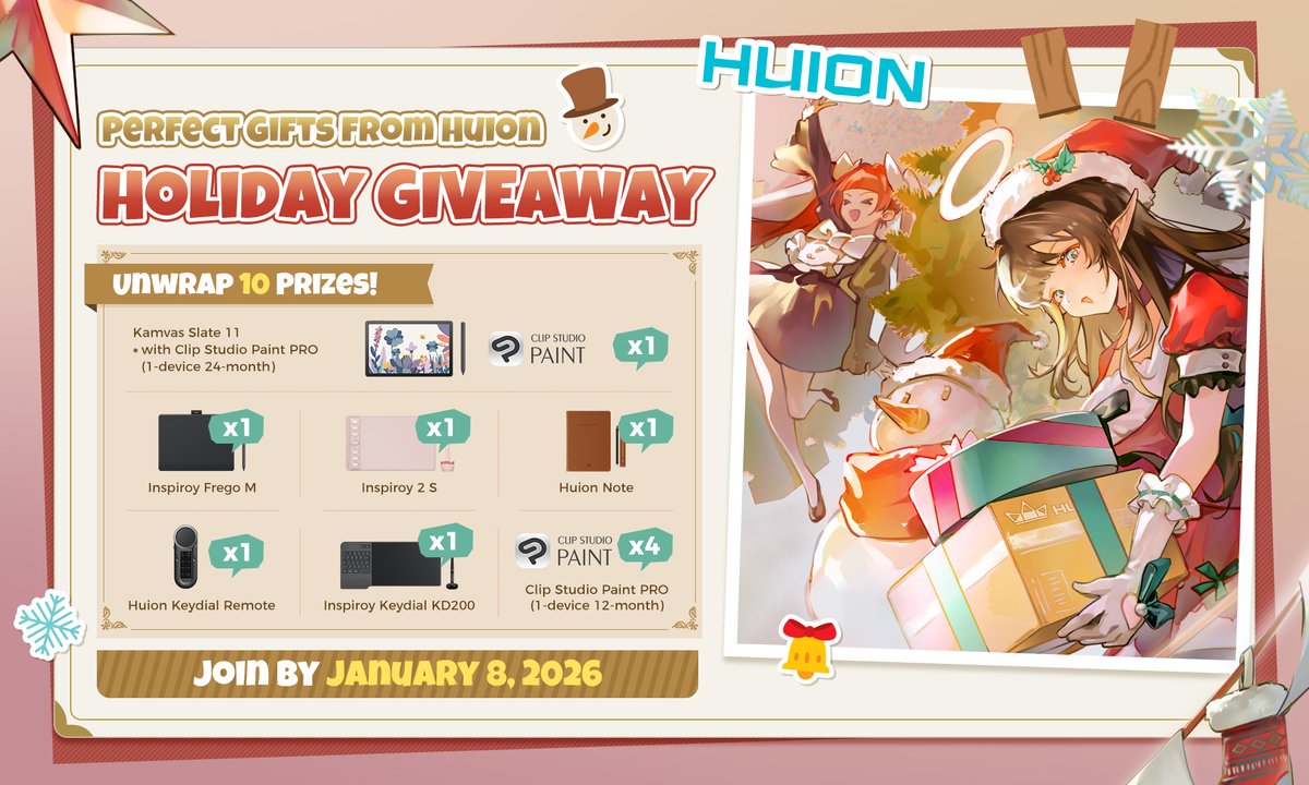 Looking for the perfect holiday gift? Huion has you covered.
10 PRIZES are up for grabs, including Huion creative tools and prizes from <a href="/clipstudiopaint/">CLIP STUDIO PAINT</a>.

How to enter:
* Follow <a href="/HuionTab/">Huion</a>
* RT

Winners will be announced on January 8, 2026. Good luck, and happy creating!
