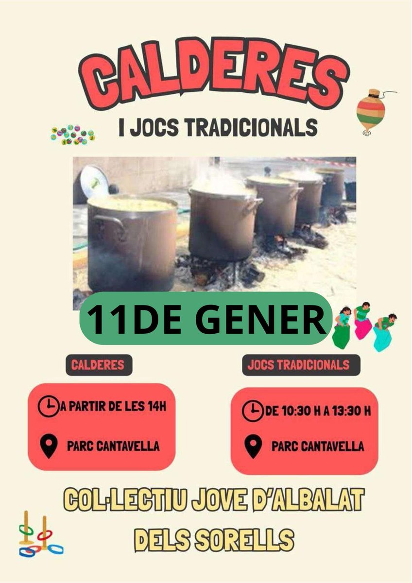 COMUNICAT IMPORTANT DEL COL.LECTIU JOVE⚠️

Per motius meteorològics i les possibles pluges previstes per al 20 de desembre 2025, l'esdeveniment"Jugant a l'antiga" queda suspès. 📅🌧️

✅ Nova data: 11 de gener 2026