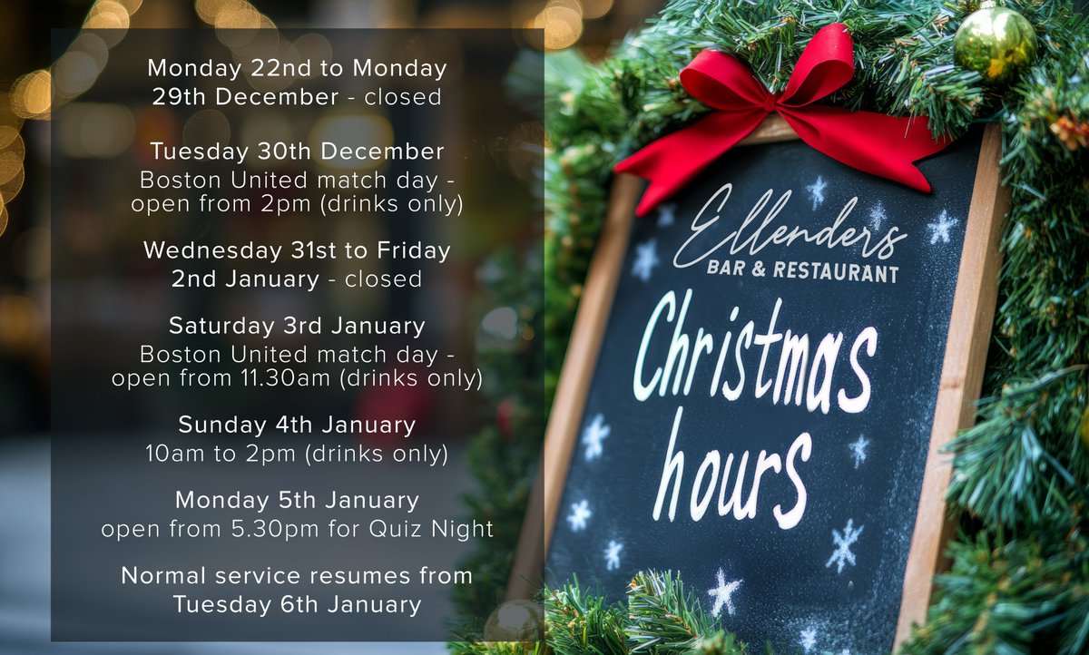 EllendersBUFC's tweet photo. 🎄CHRISTMAS OPENING HOURS🎄
 We'd like to thank everyone who has joined us during December for our festive menu, and wish you all a Merry Christmas and Happy New Year. 
Please see our Christmas opening hours below! https://t.co/H3XZrcxpuK