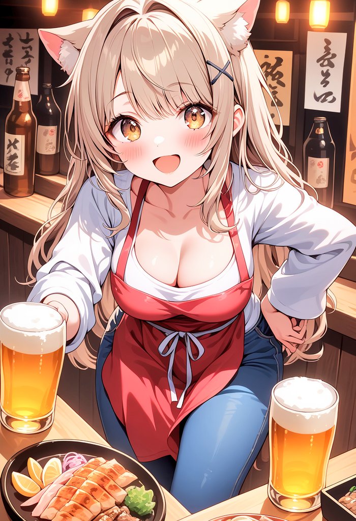 にャん.A* ´꒳`ฅページです こんばんは*´꒳`ฅ 金曜日お疲れ様でした🍺 #AIイラスト術師さんと