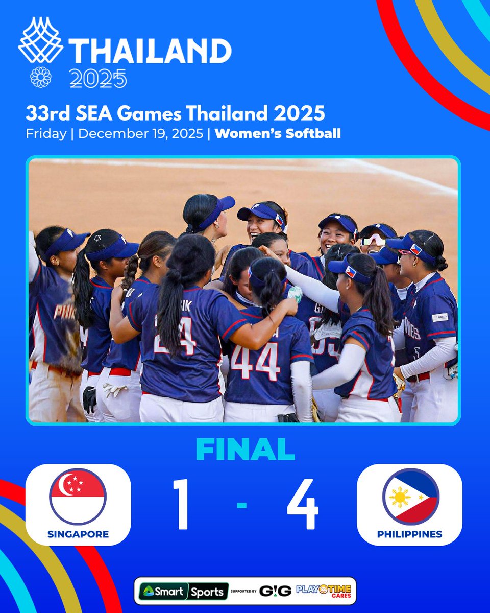 🥎🇵🇭🥇 TITLE DEFENDED 🥇🇵🇭🥎

The RP Blu Girls reign supreme in Women's Softball in the 33rd Southeast Asian Games, clinching the gold medal after a 4-1 victory over Singapore in the final!

📸 POC Media Pool

#SmartSports #SEAGames2025

***

Do easy tasks, get free load! Visit