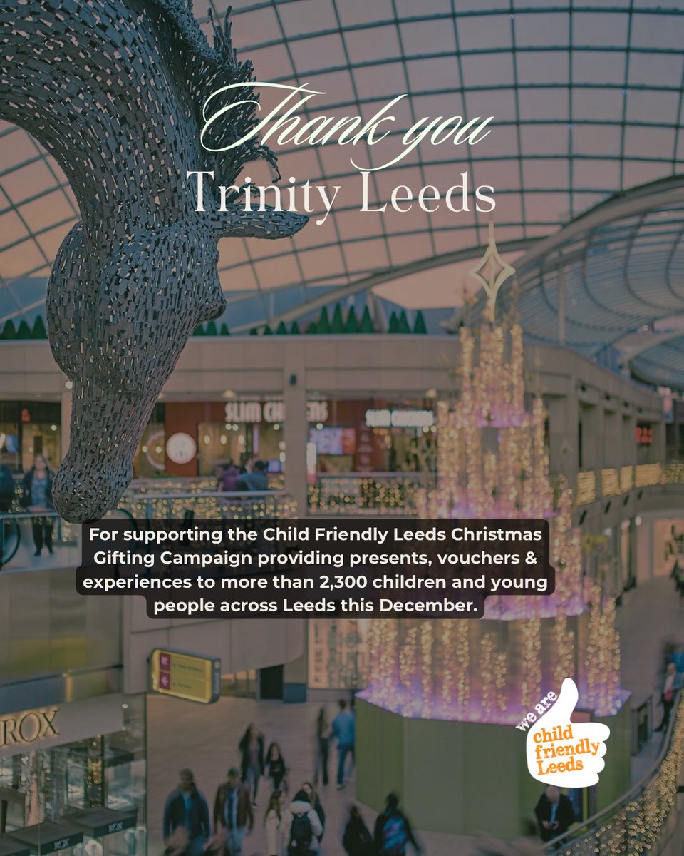 Child_Leeds's tweet photo. Thank you to our business partners for supporting the #ChildFriendly Leeds Christmas Gifting Campaign.
👏🏼 @TheGSAL
👏🏼 @LloydsBank
👏🏼 White Rose Shopping @LandsecGroup
👏🏼 @TrinityLeeds
This December presents & vouchers were donated to more than 2,300 children & young people. https://t.co/efuH8jd8dB