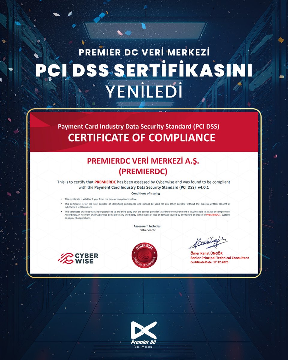 🔐 Premier DC Veri Merkezi PCI DSS Sertifikasını Yeniledi

Aralık ayında başarıyla tamamlanan denetim süreciyle PCI DSS sertifikamız yenilendi. Bu gelişme, veri merkezimizin yüksek güvenlik standartlarına ve uluslararası uyum yaklaşımına bağlılığını bir kez daha göstermektedir.