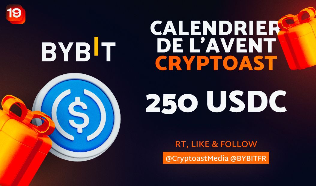 🎁 Calendrier de l'avent Cryptoast 🎁

Jour 19 :

Gagnez 250 USDC pour cette fin d'année, offerts par notre partenaire Bybit France 💰

Pour participer :

- Follow <a href="/BybitFr/">Bybit FRANCE</a> &amp; <a href="/CryptoastMedia/">Cryptoast</a>
- Avoir un compte vérifié + identité validée ✅ 
- Like &amp; RT ce post 💞

Tirage au sort :