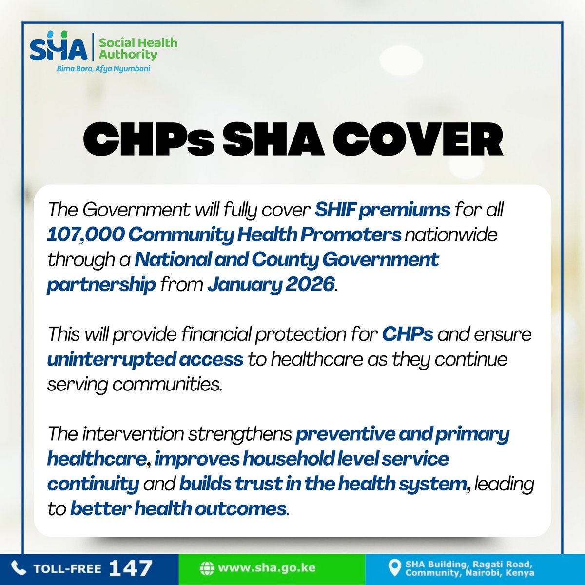 Morwani_'s tweet image. By fully sponsoring SHIF premiums, #CHPsSHACover reduces systemic vulnerabilities and supports a resilient community health workforce delivering Afya Nyumbani.