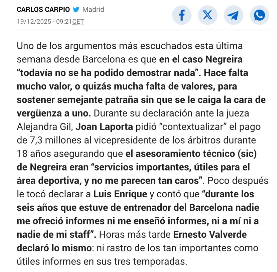 #Marca C.Carpio : “Fue Joan Laporta el que ahí, ante la jueza y no frente a los micrófonos de periodistas, no pudo demostrar nada para defender la reputación del Barcelona“

marca.com/futbol/barcelo…