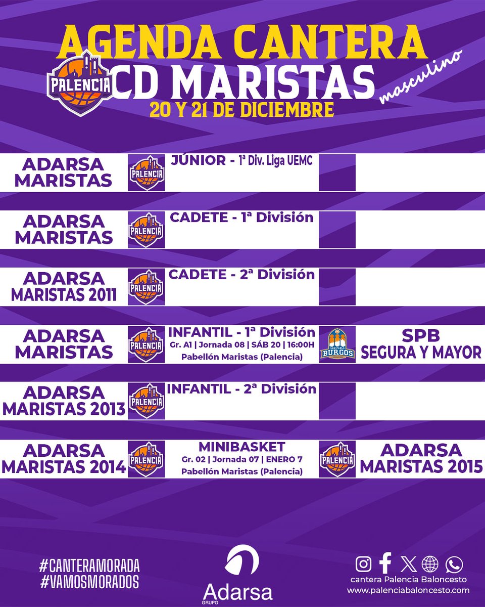 PBcantera's tweet image. #AgendaMorada | #Autonómicos

💜 Por cortesía del @grupoadarsa ofrecemos los partidos que se disputan este fin de semana en @FBCyL

🔍 Últimos partidos del año para los equipos femeninos y el infantil masculino 

#CDMaristas
#VamosMorados
#GuerrerasMoradas
