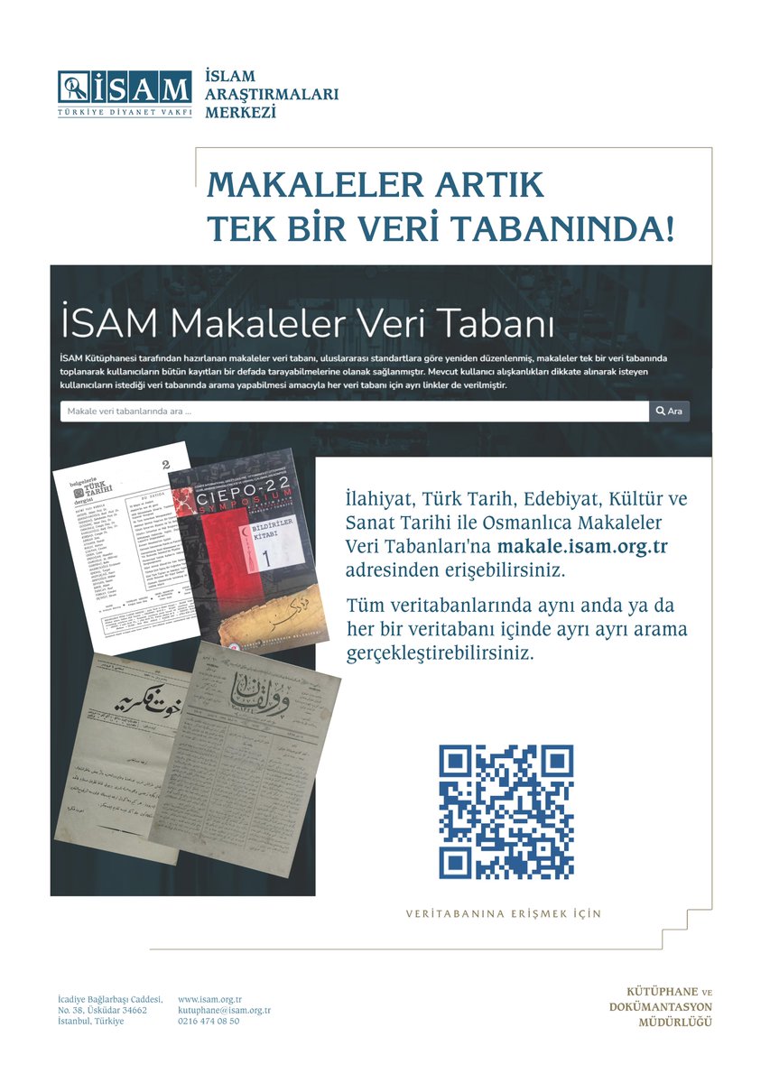 İSAM Kütüphanesi tarafından hazırlanan metin erişimli veri tabanları İlahiyat Makaleleri; Türk Tarih, Edebiyat, Kültür ve Sanat Tarihi Makaleleri ve Osmanlıca Makaleler yeni bir uygulama üzerinden kullanıma açılmıştır.

Veri tabanına erişmek için aşağıdaki bağlantıyı ziyaret