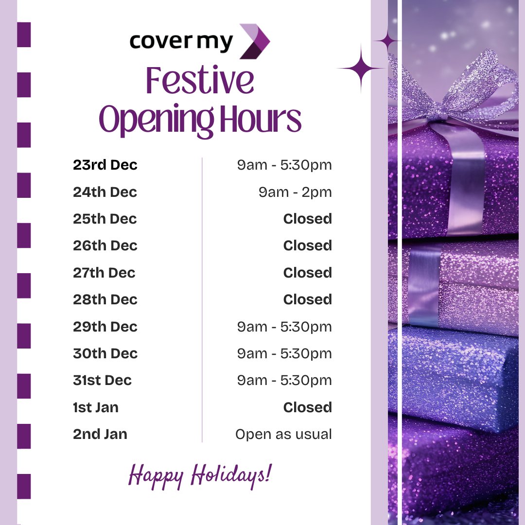 🎄 Festive Opening Hours at CoverMy 🎄

Thank you to our customers &amp; partners for your support this year! Our team will have adjusted hours over the festive period, but is here to help. 

Happy holidays &amp; a Happy New Year!

#CoverMy #HappyHolidays