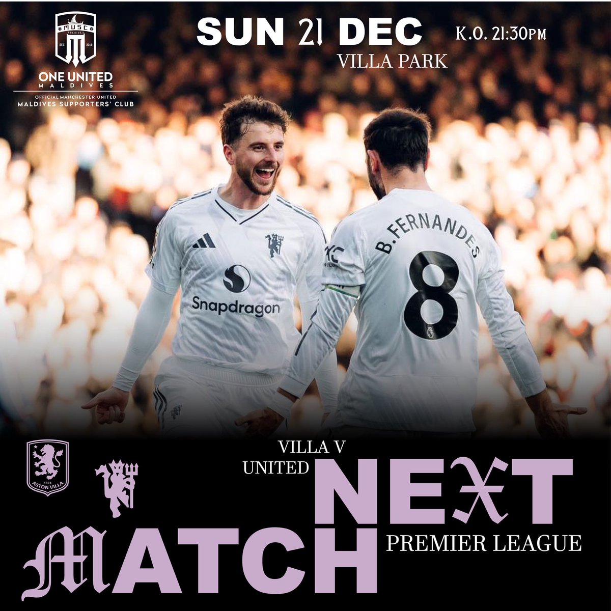 muscmaldives's tweet image. ⚽ Premier League Clash!
Aston Villa 🆚 @ManUtd 
📆 21/12/25 (Sun)
🕘 21:30 (MDV) 
Let’s go! 🔴🔴