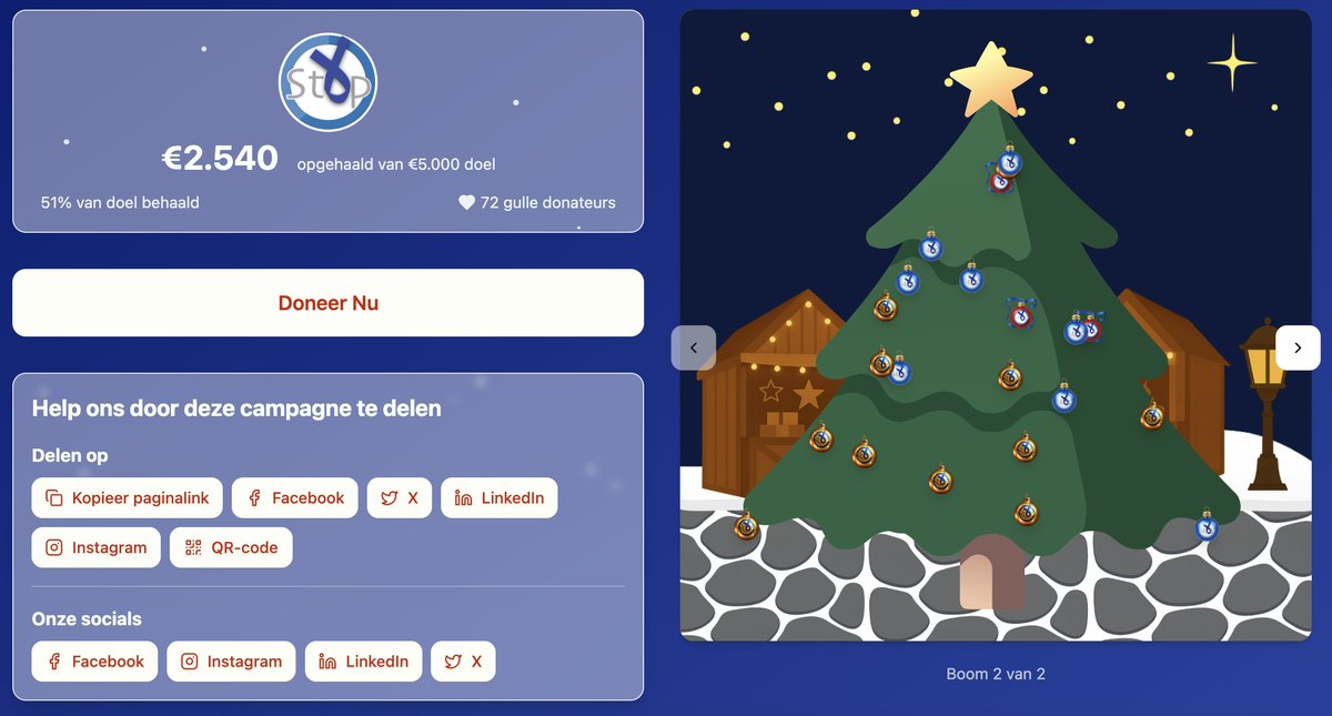 Dank aan de 72 donateurs die onze <a href="/StopDarmkanker/">Stop Darmkanker</a>  "Darmste Kerstboom" versierden &amp; steunden!🎄 

De "waarde" van onze 2 bomen neemt elke dag toe!💙
'Doneren voor het goede doel... het geeft een goed gevoel' 🍀

#samensterk #warmsteweek

➡️ share.weglow.world/o/stop-darmkan…