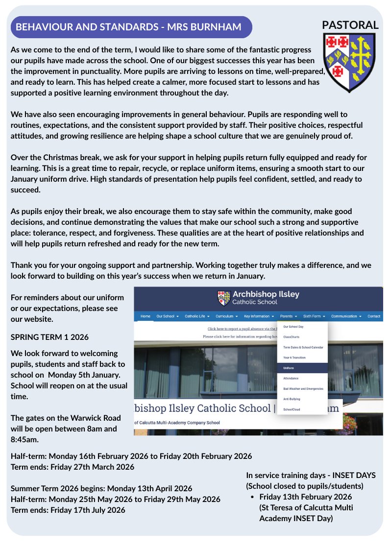 ABI Update 1/4 - It is the last Update of 2025! It is a bumper edition all about enrichment, recognition and community generosity with pictures from our hamper masses and other events.  Please make a note of the dates for Spring Term 1.  These can also be found on our website.