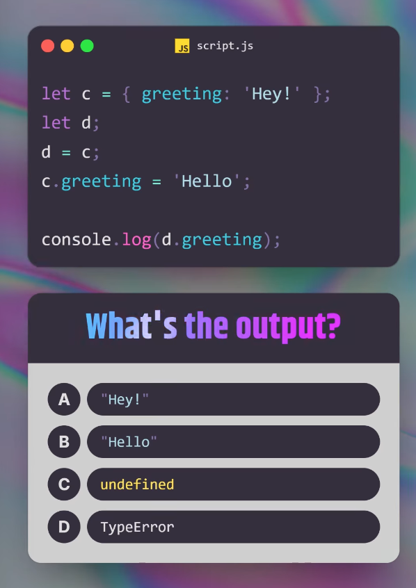 javascript_fan's tweet image. JavaScript Question/Quiz; What is the output of the following JavaScript code, and why?  Comment your answers below!