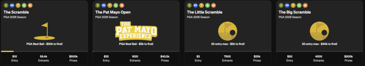 UnderdogDrafts's tweet photo. We have ramped up our PGA Best Ball offering🏌️‍♂️

Now in the lobby⤵️

⛳️The Scramble: $10 entry, $500k prizes
⛳️The Little Scramble: $3 entry, $20k prizes
⛳️The Big Scramble: $50 entry, $200k prizes
⛳️️The Pat Mayo Open (@ThePME): $25 entry, $40k prizes 

Happy drafting! https://t.co/PUfNA8X8va