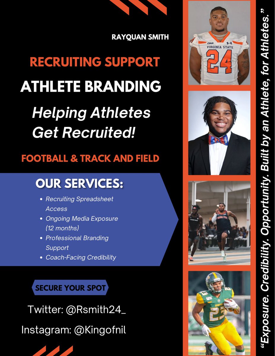 You want offers? You need exposure. I built the system, now it’s your turn to shine. 💼📈 

Tell your parents to reach out so we can lock in your spot! Class of 2026–2029 + Transfer portal guys, let’s work. ‼️

🚨COACHES CHECK INBOX 🚨

#GetRecruited #rayquansmith #kingofnil