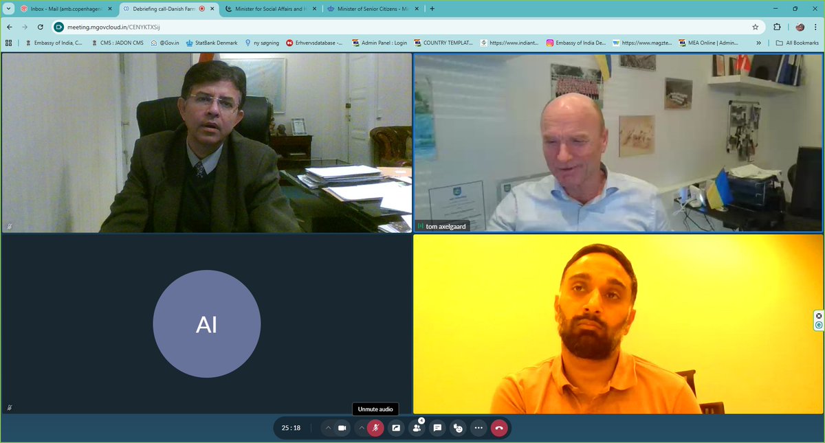 A virtual meeting was held between Ambassador @ManishPrabhat06 and Mr. Tom Axelgaard, Chairman, Danish Farmers Abroad (DFA) who recently led a delegation to India (25 October-1 November 2025) visiting agriculture and dairy farms in U.P., Punjab and Haryana. Mr. Kunal Singla,