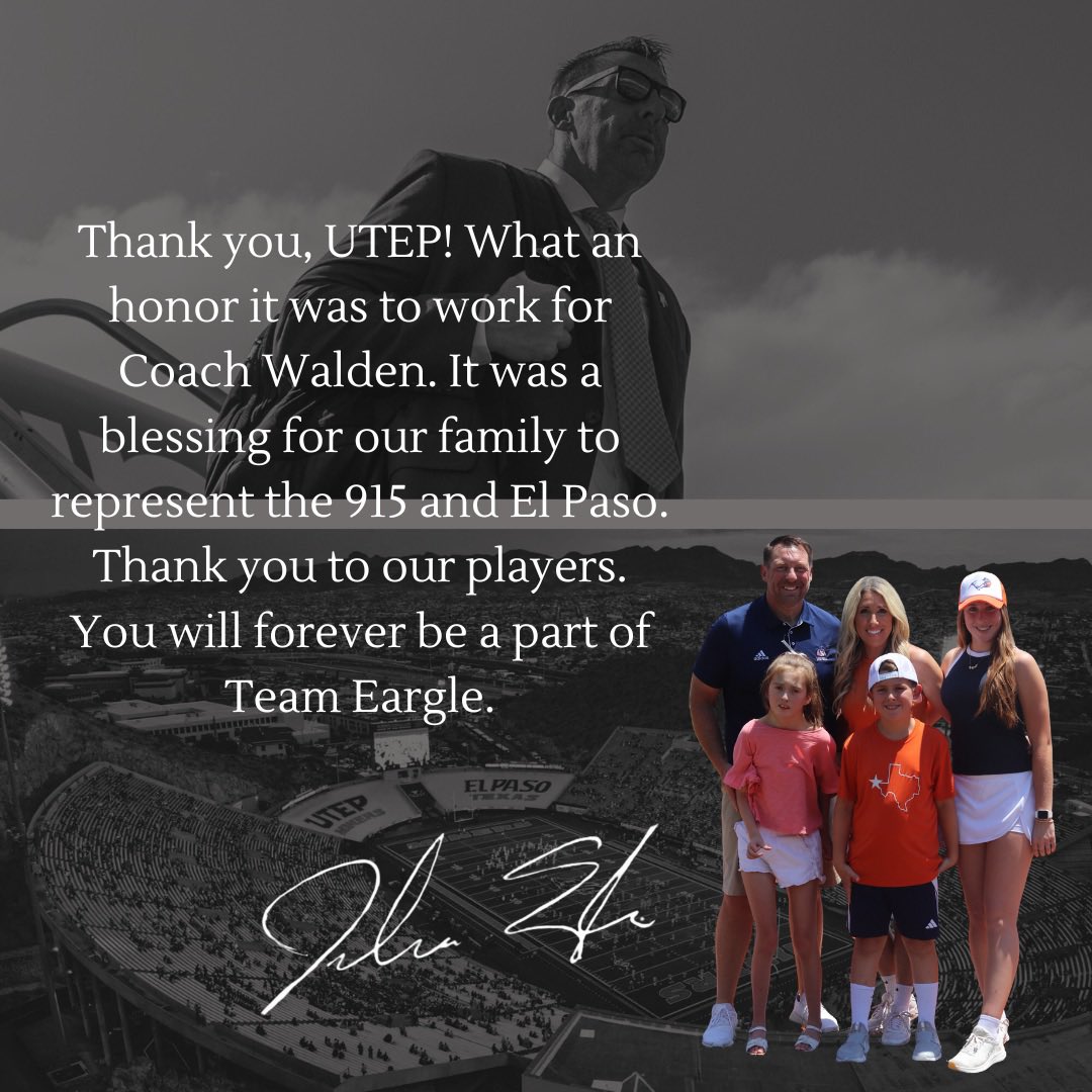 THANK YOU to <a href="/CoachSWUTEP/">Scotty Walden</a> <a href="/CallieWalden/">Callie Walden</a> <a href="/UTEPFB/">UTEP Football</a> and the entire <a href="/UTEPAthletics/">UTEP Miners</a> staff for an unbelievable working experience here in El Paso!!!
What an unbelievable city, university and athletic department led by <a href="/JimSenter2/">Jim Senter</a>!
There’s no doubt in my mind the BEST IS YET TO COME!!!