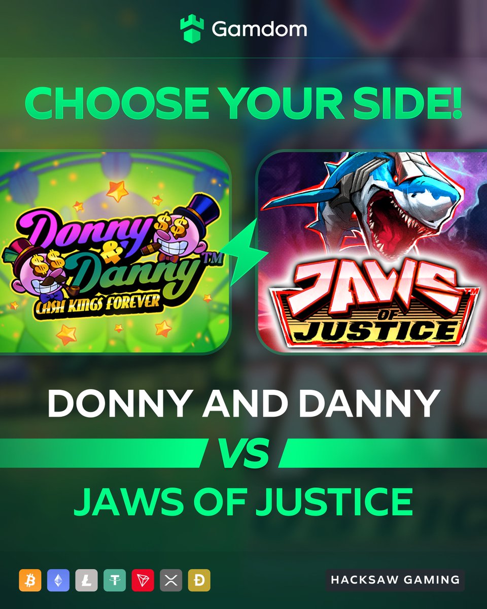 gamdom's tweet image. 🎰 Battle of the Slots: Hacksaw Edition! 🎰

#Team🦈 Donny and Danny™ 🆚 #Team⚖️ Jaws of Justice

Drop your @gamdom userID with your pick &amp;amp; 🔁 for a shot at FREE Spins! 🎁

*KYC Lvl 2 verified Gamdom users only