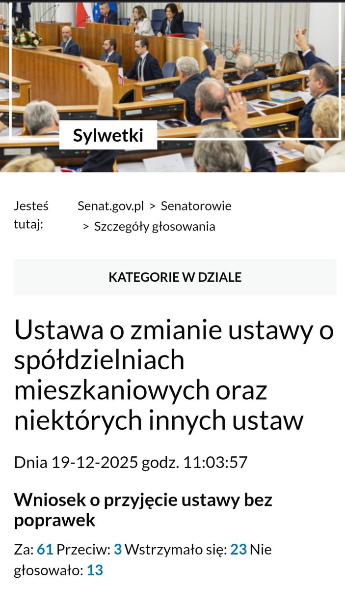 Jest poparcie Senatu!!!
Już tylko podpis Prezydenta i Walne spół.mieszk. w 2026 będą się odbywały bez tabunów dziwnych pełnomocników  
Ustawa znosi też tryb covidowy głosowań uchwał przez Walne i wprowadza m.in. możliwość prowadzenia SAN przez spółdzielnie!