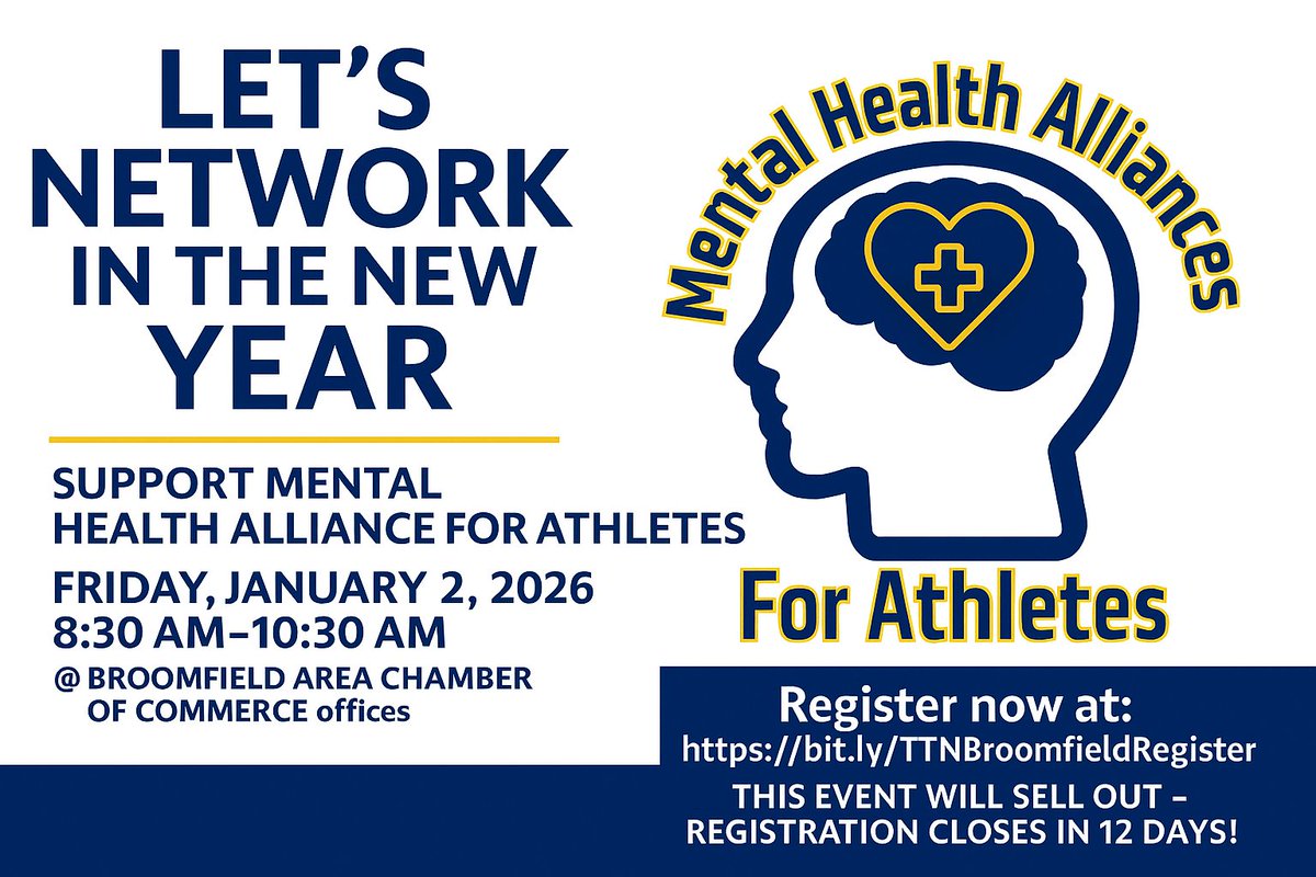 Kick off 2026 with powerful connections! 🤝✨
Broomfield Area TableTop Networking is back Jan 2 — hosted by Mental Health Alliance for Athletes. Limited spots &amp; registration closes soon!
Register now 👉 bit.ly/TTNBroomfieldR…
#Networking #Broomfield #COBiz 🚀