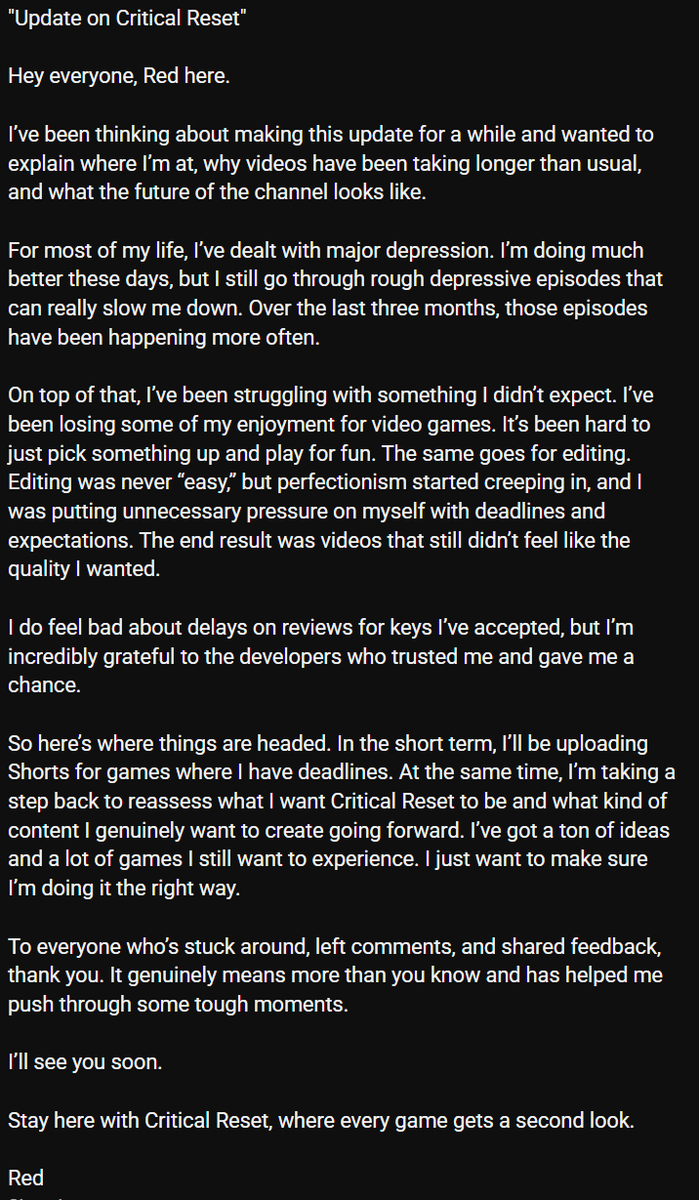 "Update on Critical Reset"