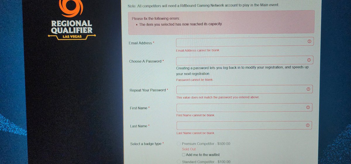 Sorely disappointed with the <a href="/riftboundop/">Riftbound Organized Play</a> Las Vegas Regional Qualifier sign ups. First it was Passcode only then when it finally opened up the Premiums were all gone. Website crashed and it kicked me out and regular competitor sold out too. Guess I will not be attending 😭