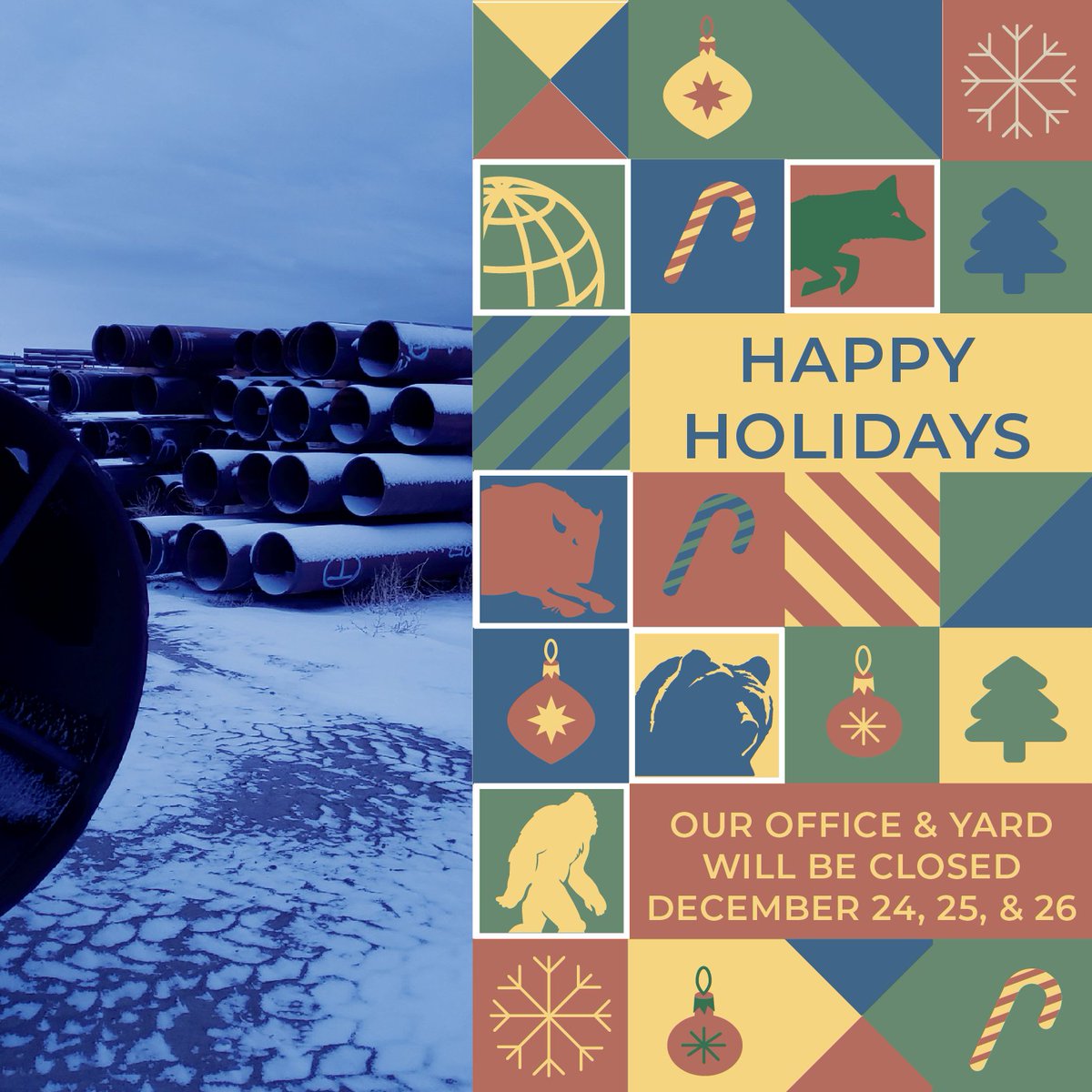 IntlPipe's tweet image. In the spirit of the season, International Pipe will be closed December 24 - 26. Call 405-478-4500 anytime between now and then for a quick quote.
We will back in the office/yard December 29.
#InternationalPipe #PipeYard