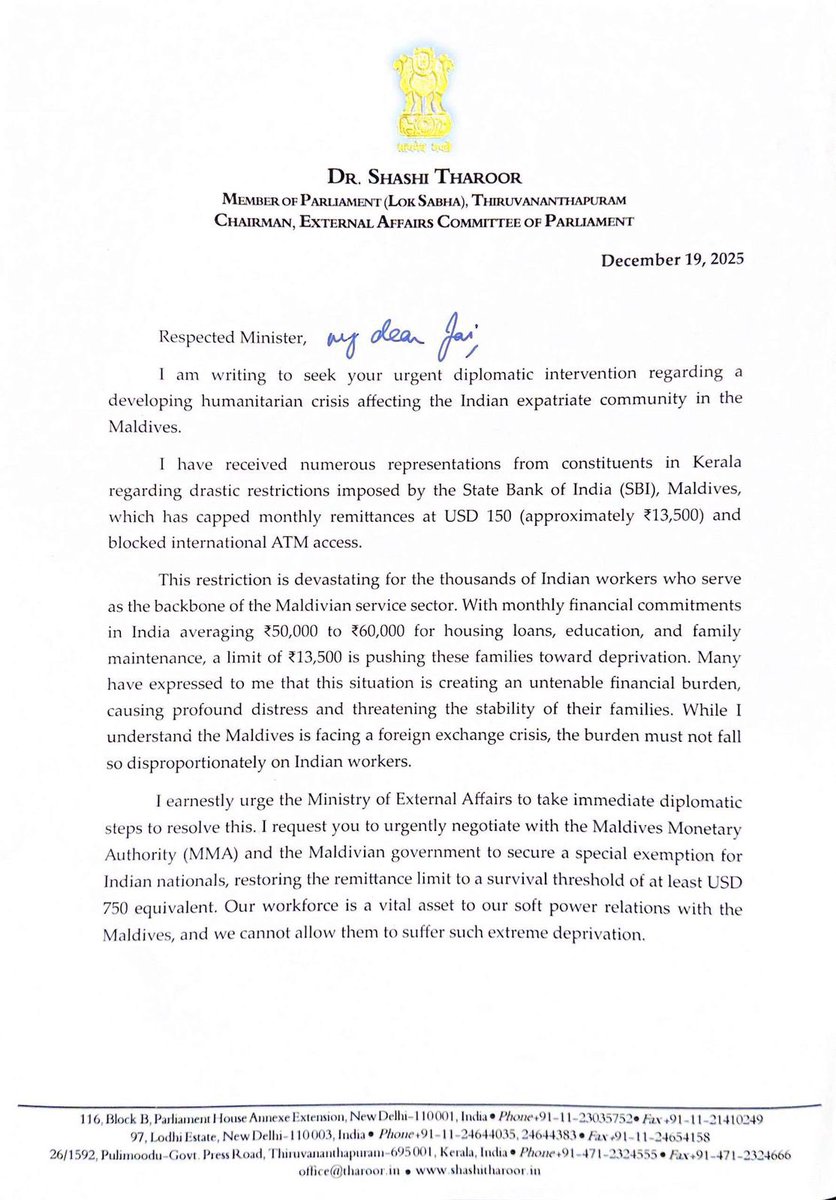 ShashiTharoor's tweet photo. Many Keralites working in the Maldives have reached out to me about the difficulties they are facing in remitting funds home, because of severe restrictions imposed recently on dollar transfers out of the country (since Maldives has a dollar-shortage these days). I’ve suggested a way forward to the Finance Minister @nsitharaman and urged the External Affairs Minister @DrSJaishankar to intervene as well: